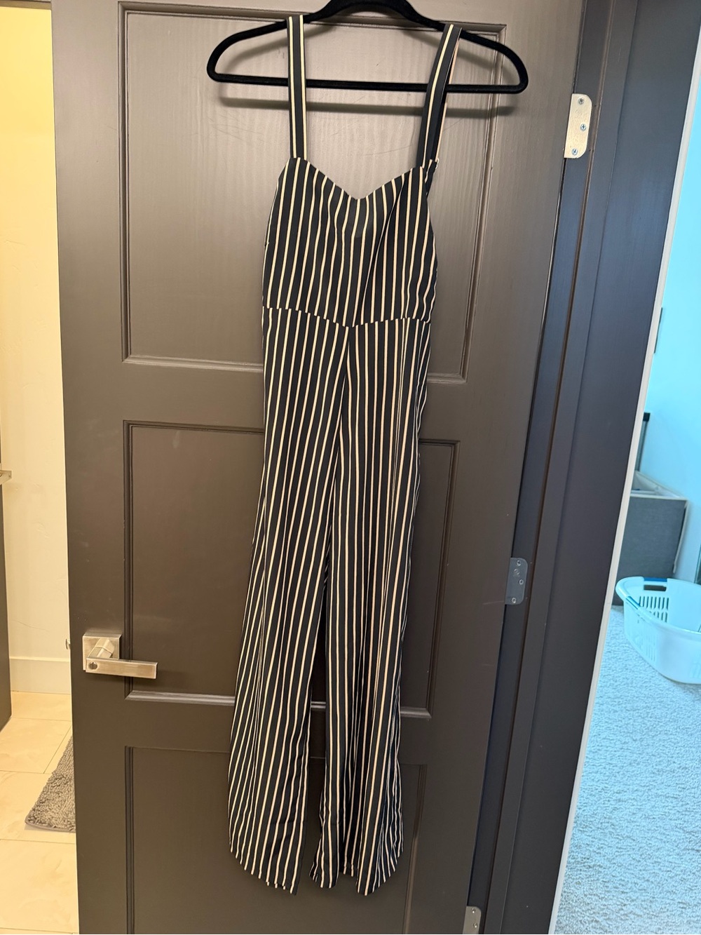 Olivaceous Black & White Vertical Stripe Wide-Leg Jumpsuit